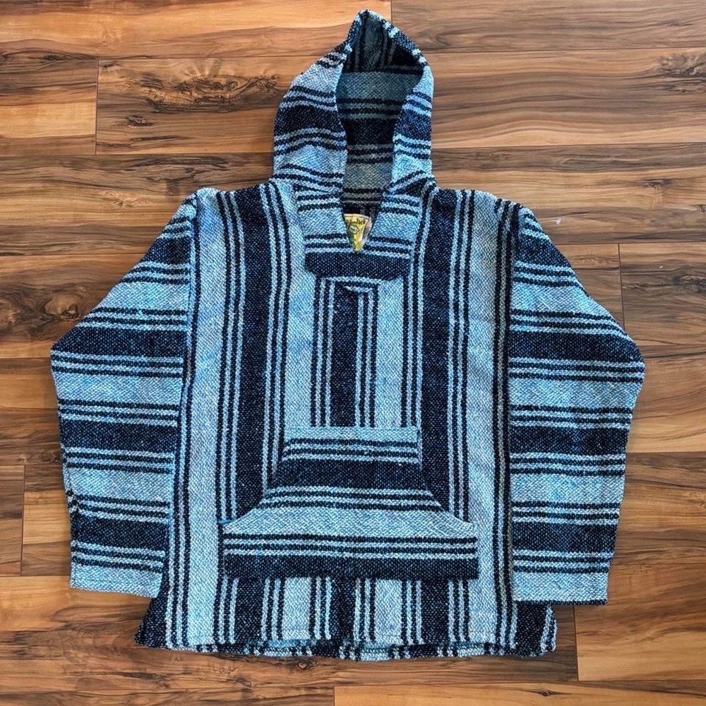 Baja Joe Blue Black Striped Drug Rug Hoodie Mexican Baja Pullover